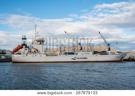 Hornafjordur Iceland - September 14. 2018: Reefer Silver Copenhagen Loading In Port Of Hornafjordur