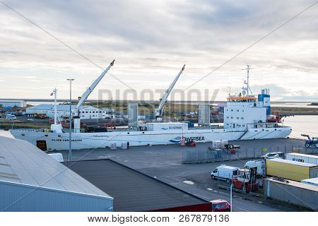 Hornafjordur Iceland - September 14. 2018: Reefer Silver Copenhagen Loading In Port Of Hornafjordur