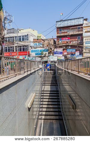Delhi, India - October 22, 2016: Chawri Bazar Metro Station Entrance In The Center Of Delhi, India.