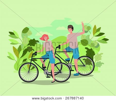 Young Couple On Bicycle In The Park Vector Illustration Design