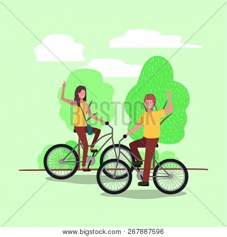 Young Couple On Bicycle In The Park Vector Illustration Design