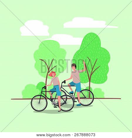 Young Couple On Bicycle In The Park Vector Illustration Design