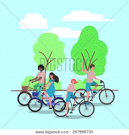 Group Of People On Bicycle In The Park Vector Illustration Design