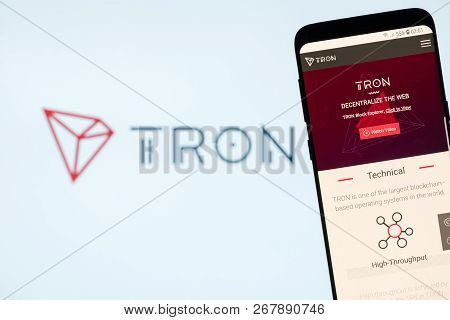 Kyrenia, Cyprus - November 8, 2018: Tron ( Trx ) Cryptocurrency Website Displayed On The Smartphone 