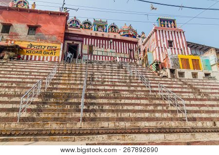 Varanasi, India - October 25, 2016: View Of Kedar Ghat Riverfront Steps Leading To The Banks Of The 