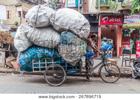 Kolkata, India - October 27, 2016: Cargo Cyclo Rickshaw In The Center Of Kolkata, India