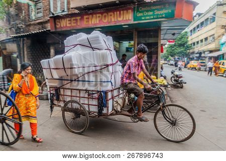 Kolkata, India - October 27, 2016: Cargo Cyclo Rickshaw In The Center Of Kolkata, India