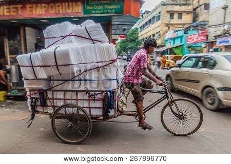 Kolkata, India - October 27, 2016: Cargo Cyclo Rickshaw In The Center Of Kolkata, India