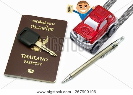 Man with Thailand passport and red 4wd car for travel or business concept