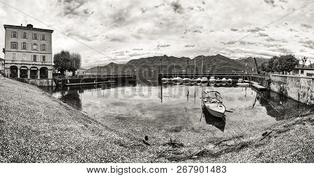Small Port Of Luino, Monochromatic Landscape During A Gray Autumn Day