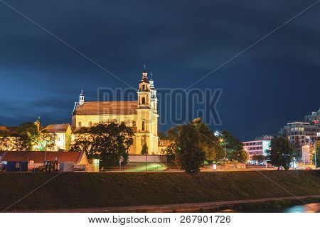 Vilnius, Lithuania, Eastern Europe - July 7, 2016: Night View Of Catholic Church Of St. Raphael The 