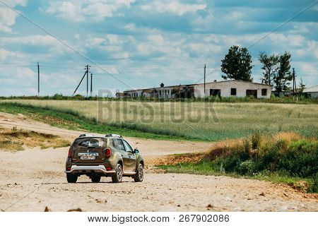 Gomel, Belarus - June 13, 2018: Dirty Car Renault Duster Or Dacia Duster Suv In Countryside Landscap
