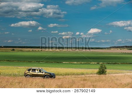 Gomel, Belarus - June 13, 2018: Renault Duster Or Dacia Duster Suv In Summer Meadow Landscape. Duste