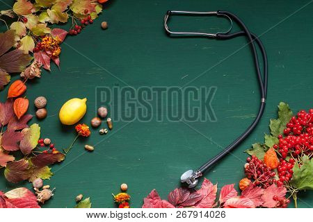 Medicine Autumn Background Yellow And Red Leaves Of Berries Fruits Nuts