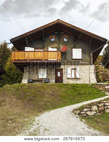 Bettmeralp, Switzerland - May 2017: House In The Car Free Village In Swiss Alps