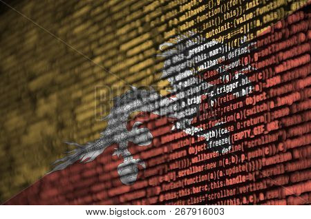 Bhutan Flag  Is Depicted On The Screen With The Program Code. The Concept Of Modern Technology And S