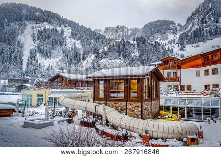 Val Ridanna, Italy, 16 Dec 2017 - Water Park In Winter In The Mountains Full Of Snow
