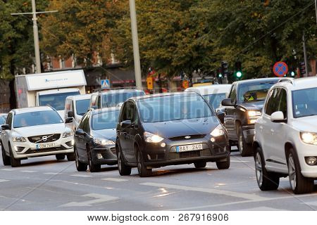Stockholm, Sweden - October 7, 2015: Traffic At The Gotgatan Street  At The Medborgarplatsen Square 