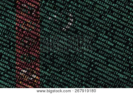 Turkmenistan Flag  Is Depicted On The Screen With The Program Code. The Concept Of Modern Technology