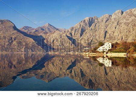 Mountains Reflected In The Water, Winter Mediterranean Landscape. Montenegro, Adriatic Sea, Bay Of K