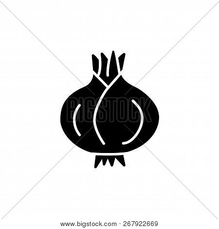 Black & White Vector Illustration Of Whole Unpeeled Onion Bulb. Flat Icon Of Fresh Organic Onion Roo