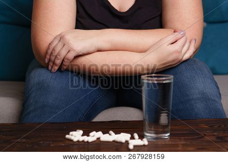 Weight Loss, Therapy, Hypertension, Diabetes, Migraine, Medical Concept. Depressed Desperate Fat Wom