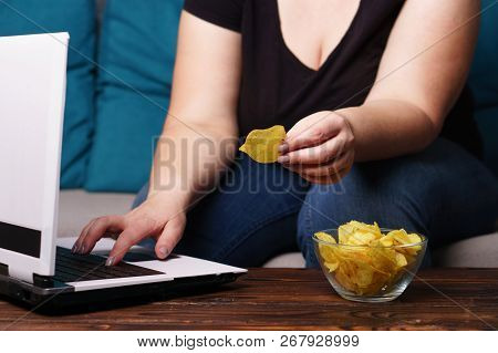 Mindless Snacking, Overeating, Lack Of Physical Activity, Laziness, Homebody. Fat Overweight Woman E