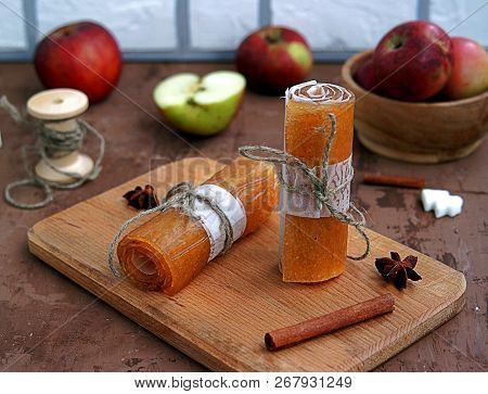 Homemade Fruit Sweets From Mashed Apples, Traditional Russian Winter Delicacy. Apple Candy, Rolled I