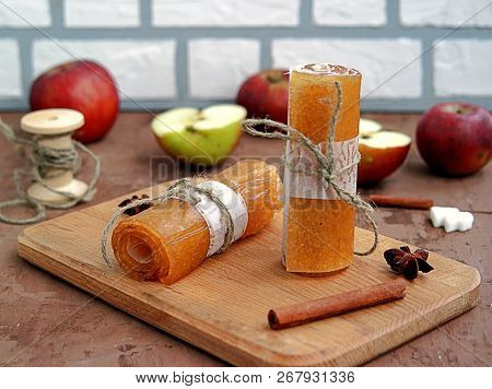 Homemade Fruit Sweets From Mashed Apples, Traditional Russian Winter Delicacy. Apple Candy, Rolled I