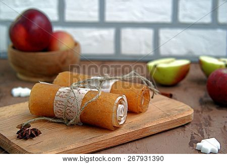 Homemade Fruit Sweets From Mashed Apples, Traditional Russian Winter Delicacy. Apple Candy, Rolled I