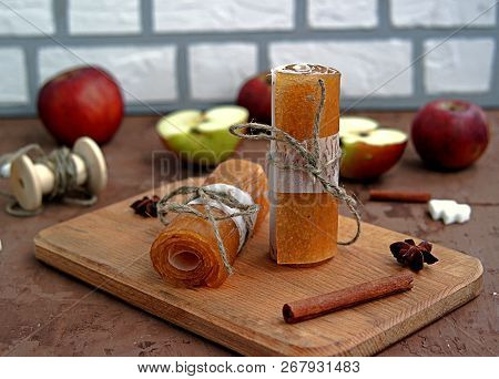 Homemade Fruit Sweets From Mashed Apples, Traditional Russian Winter Delicacy. Apple Candy, Rolled I