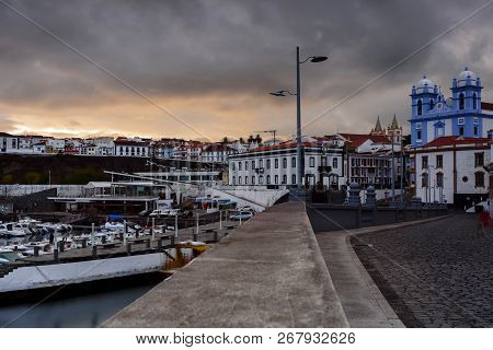 View Of Angra Do Heroismo At Sunset, Terceira, Azores, Portugal