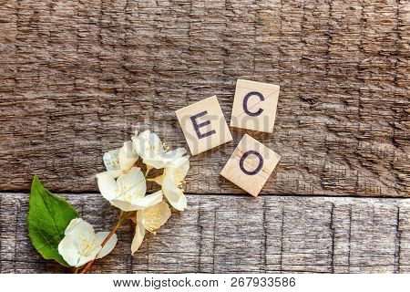 Inscription Eco Letters Word Jasmine Flower On Old Rustic Wooden Backdrop. Eco Village Abstract Envi