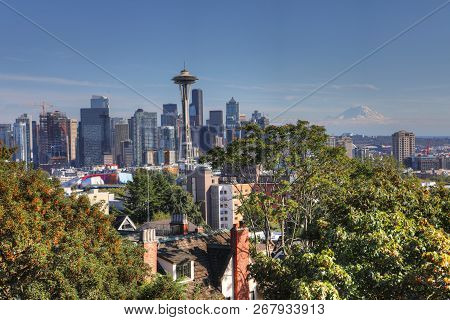 The Seattle, Washington Skyline With Mount Ranier