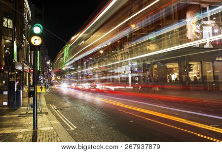 London United Kindom, October 25 2018: Night Scene Of London City With Moving Cars And Bus - Long Ex