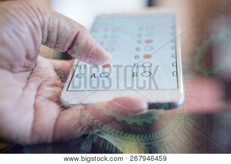 Student Testing E-learning Exam On Smartphone By Clicking With Sci Fi Futuristic User Interface Virt