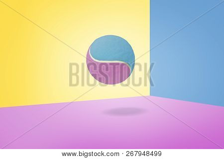 3d Rendering Of Single Blue And Violet Tennis Ball Hangs On A Three-colored Background.