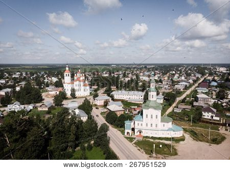 Panorama Of Totma From The Air. The Nativity Church, Totma, Russia. Architectural Forms Reminiscent 
