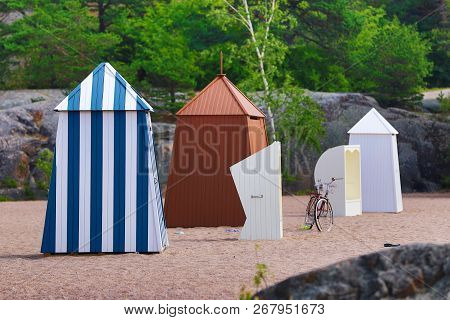 Old-fashioned And Colorful Changing Clothes Cabins In Hanko, Southern Finland, A Wondeful Holidays S