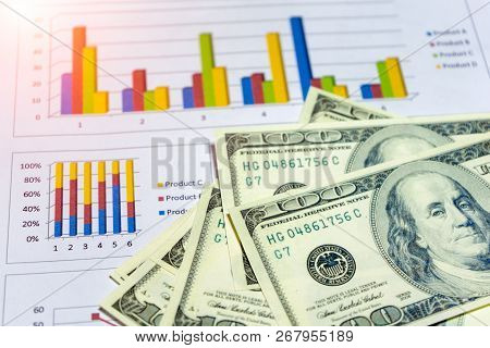 Banknote And Coins Depicted On Economic Graphs Dollar Currency, Financial Investment Concepts That A