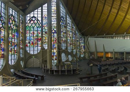 Rouen, France - August 30, 2018: Old Stained Glass Windows In A Modern Catholic Church Of Saint Joan