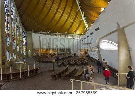Rouen, France - August 30, 2018: Old Stained Glass Windows In A Modern Catholic Church Of Saint Joan