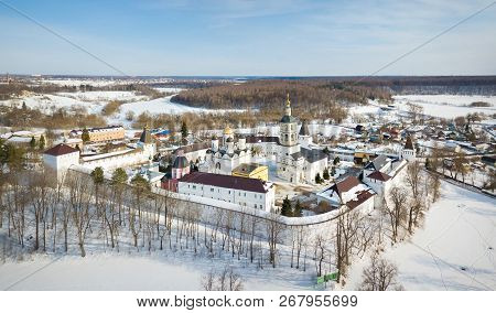 Aerial View Of Nativity Of The Virgin St. Paphnutius Of Borovsk Monastery In Winter, Kaluga Oblast, 