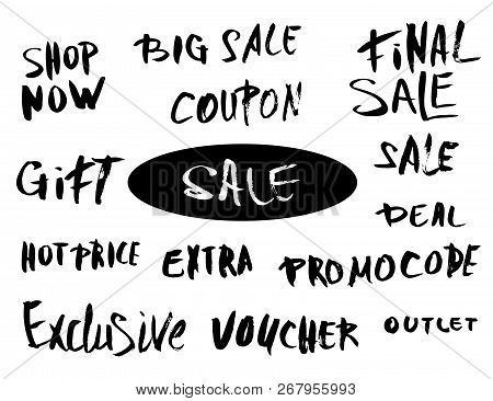 Set Of Sale Quotes. Hand Brush Lettering Collection. Shop Now, Big Sale, Voucher, Promocode, Deal, E