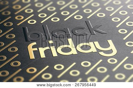 Text Black Friday Embossed On Paper Texture With Golden Percent Symbols. Sale Event Background. 3d I
