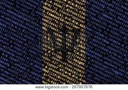 Barbados Flag  Is Depicted On The Screen With The Program Code. The Concept Of Modern Technology And