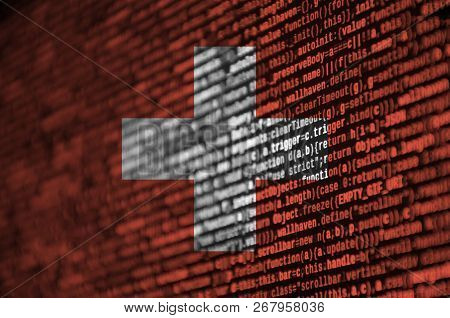 Switzerland Flag  Is Depicted On The Screen With The Program Code. The Concept Of Modern Technology 