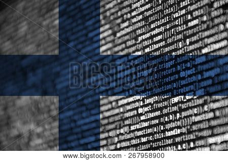 Finland Flag  Is Depicted On The Screen With The Program Code. The Concept Of Modern Technology And 