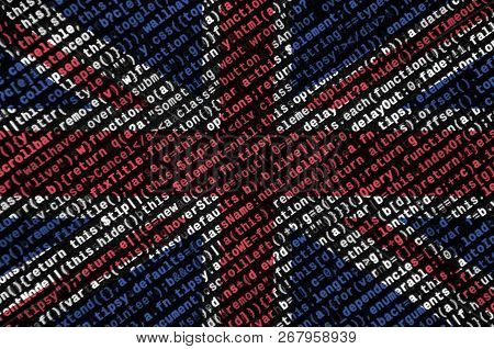 Great Britain Flag  Is Depicted On The Screen With The Program Code. The Concept Of Modern Technolog