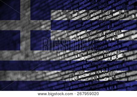 Greece Flag  Is Depicted On The Screen With The Program Code. The Concept Of Modern Technology And S
